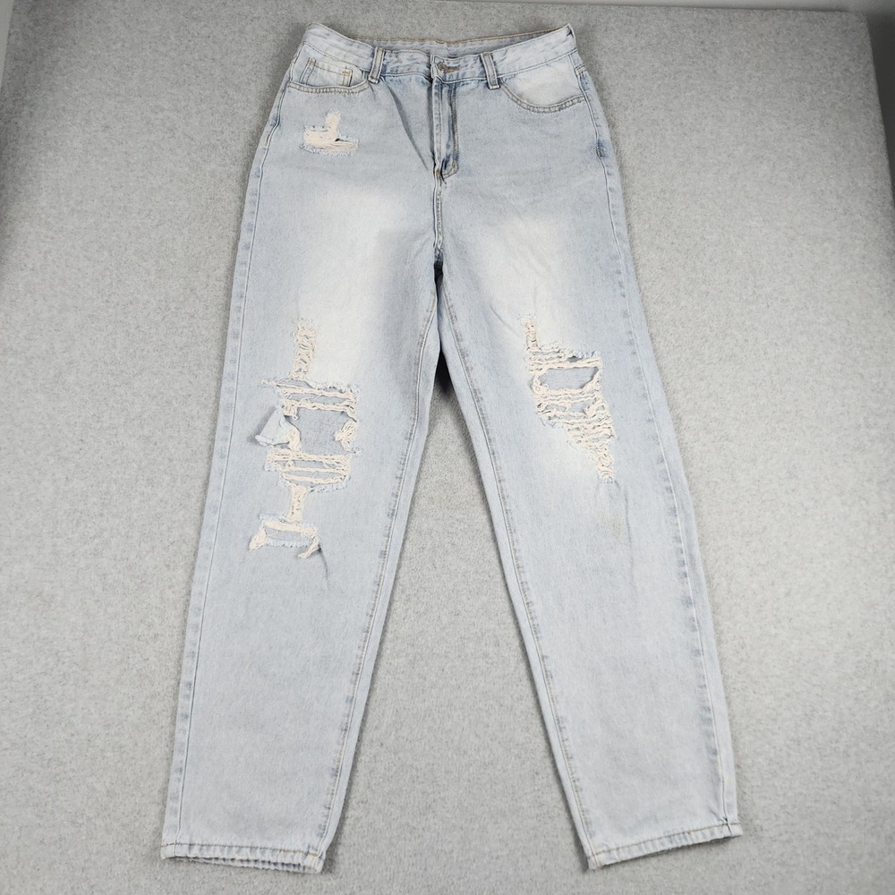 Shein Jeans Womens 8/10 Blue Denim Medium Wash Stretch Distressed Straight Leg